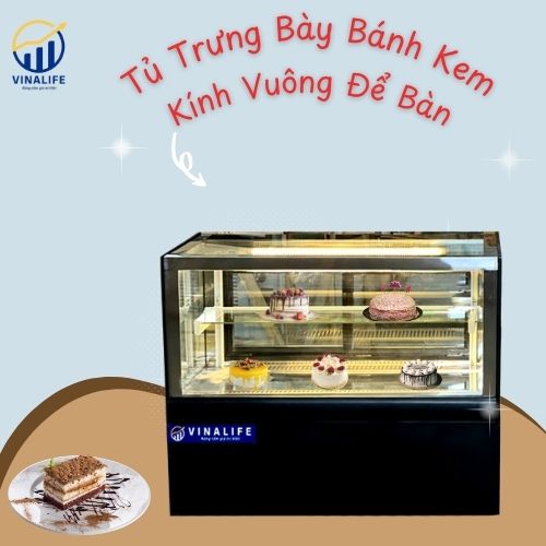Tủ Trưng Bày Bánh Kem Để Bàn Kính Vuông 90cm