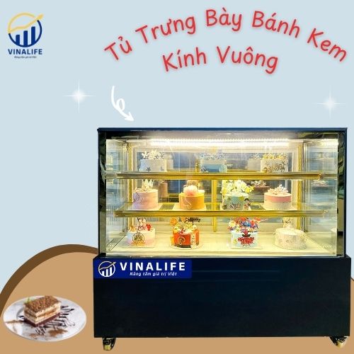 Tủ Trưng Bày Bánh Kem Kính Vuông 3 Tầng 180cm